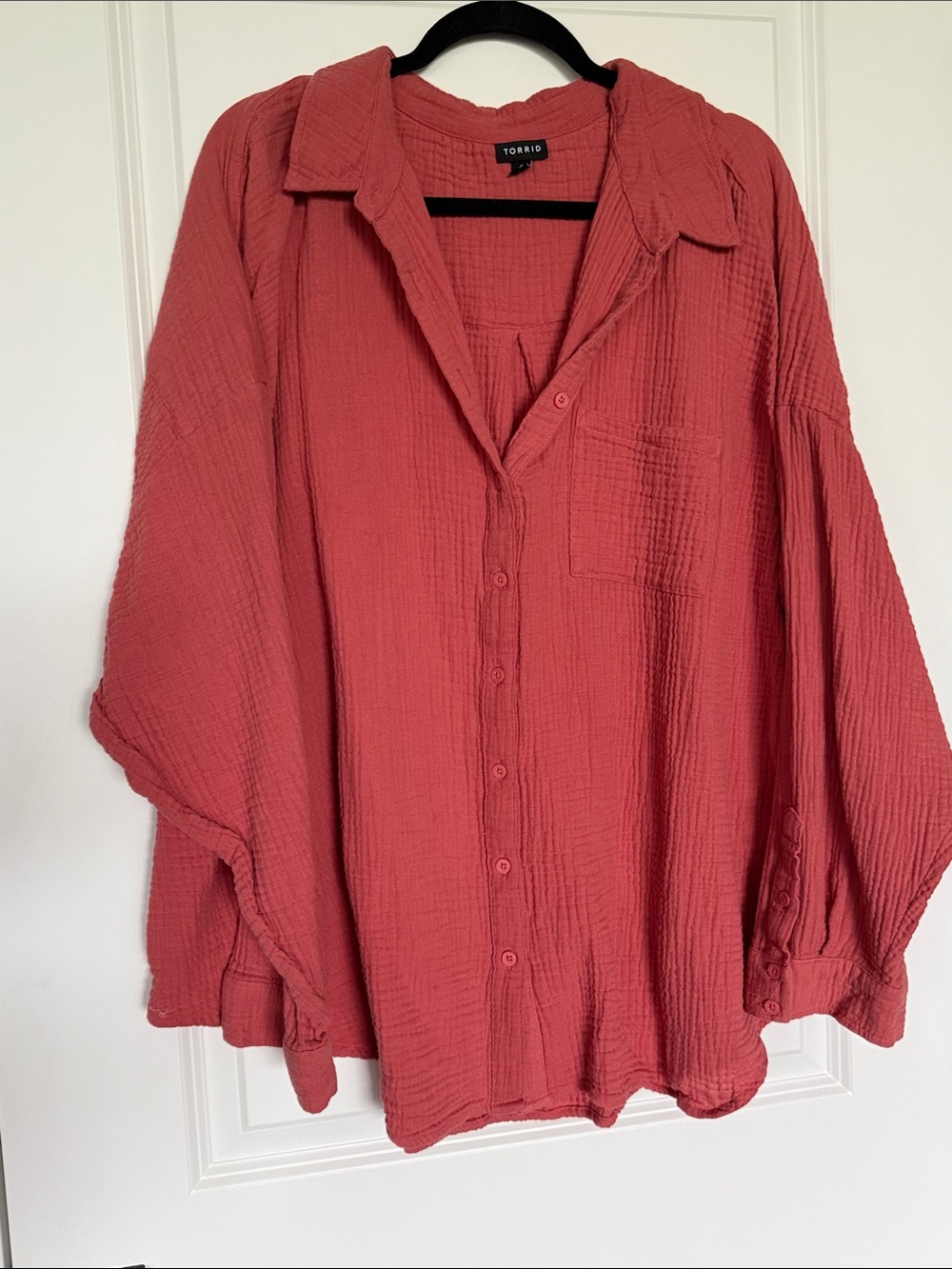 torrid Gauze Drop Shoulder Button-Front Shirt in Coral Rose